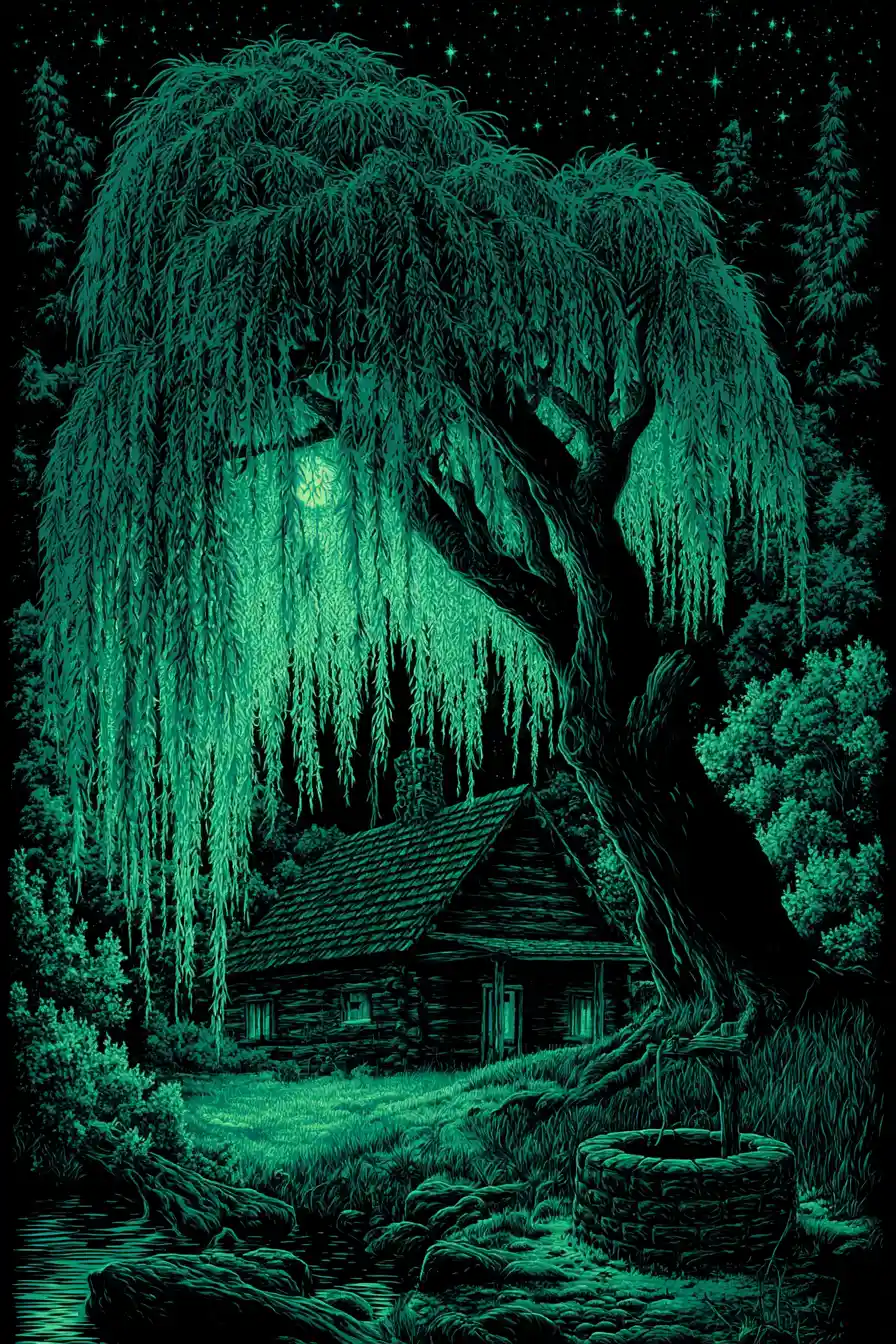 Moonlit forest cabin beneath a glowing weeping willow