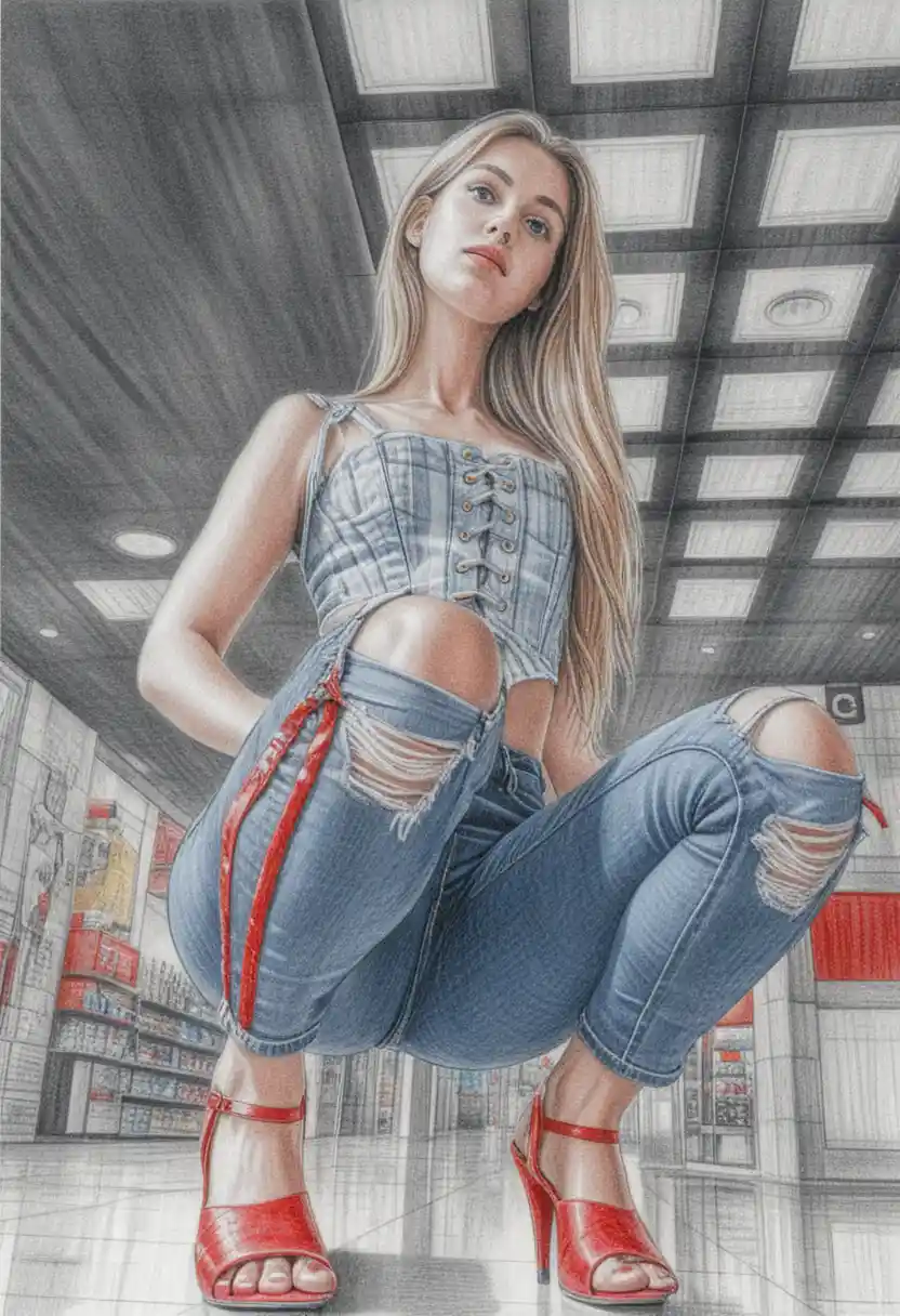 Young woman crouching in a mall drawn in colored pencil