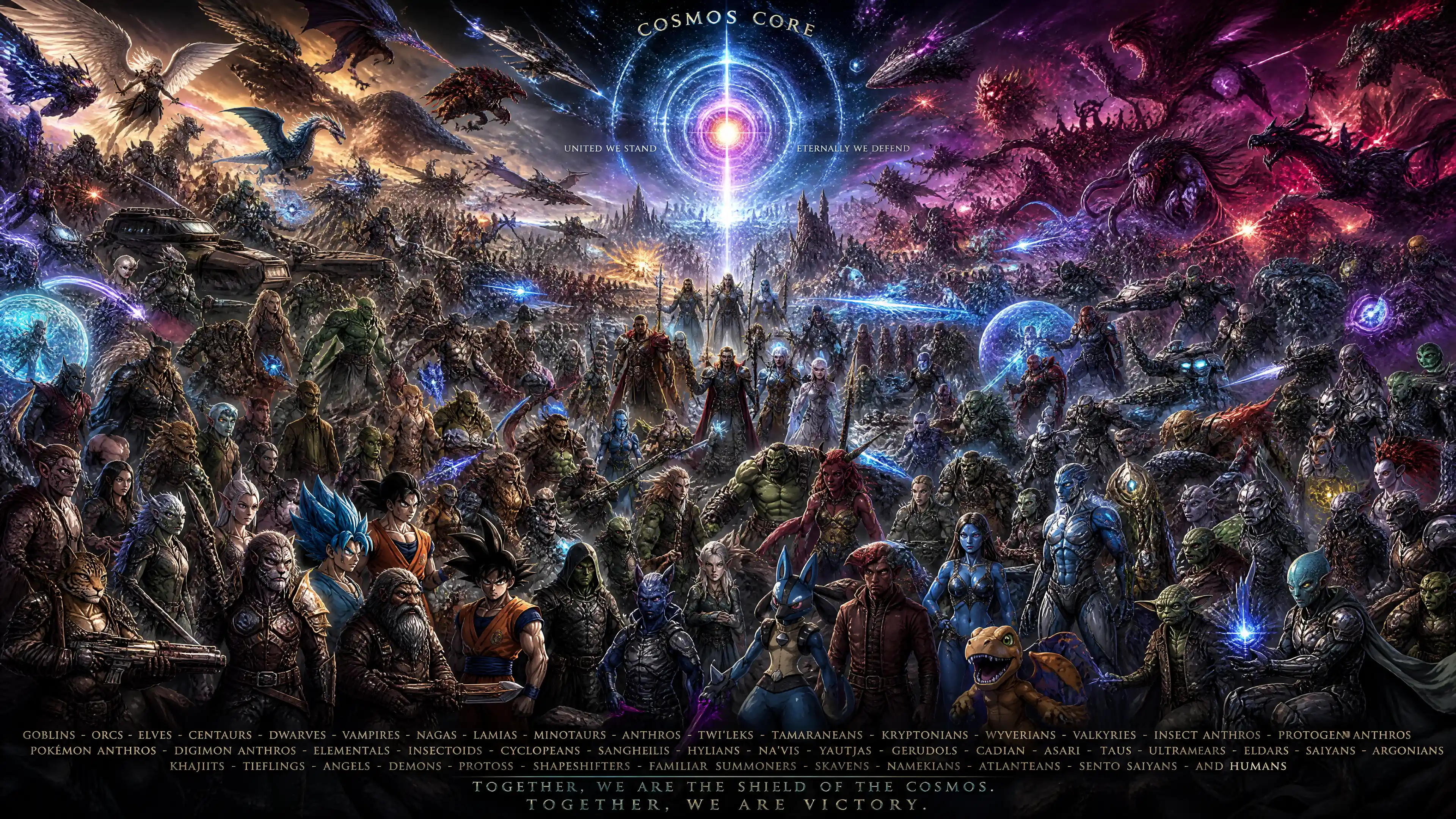 Vast united fantasy army defending the cosmic core