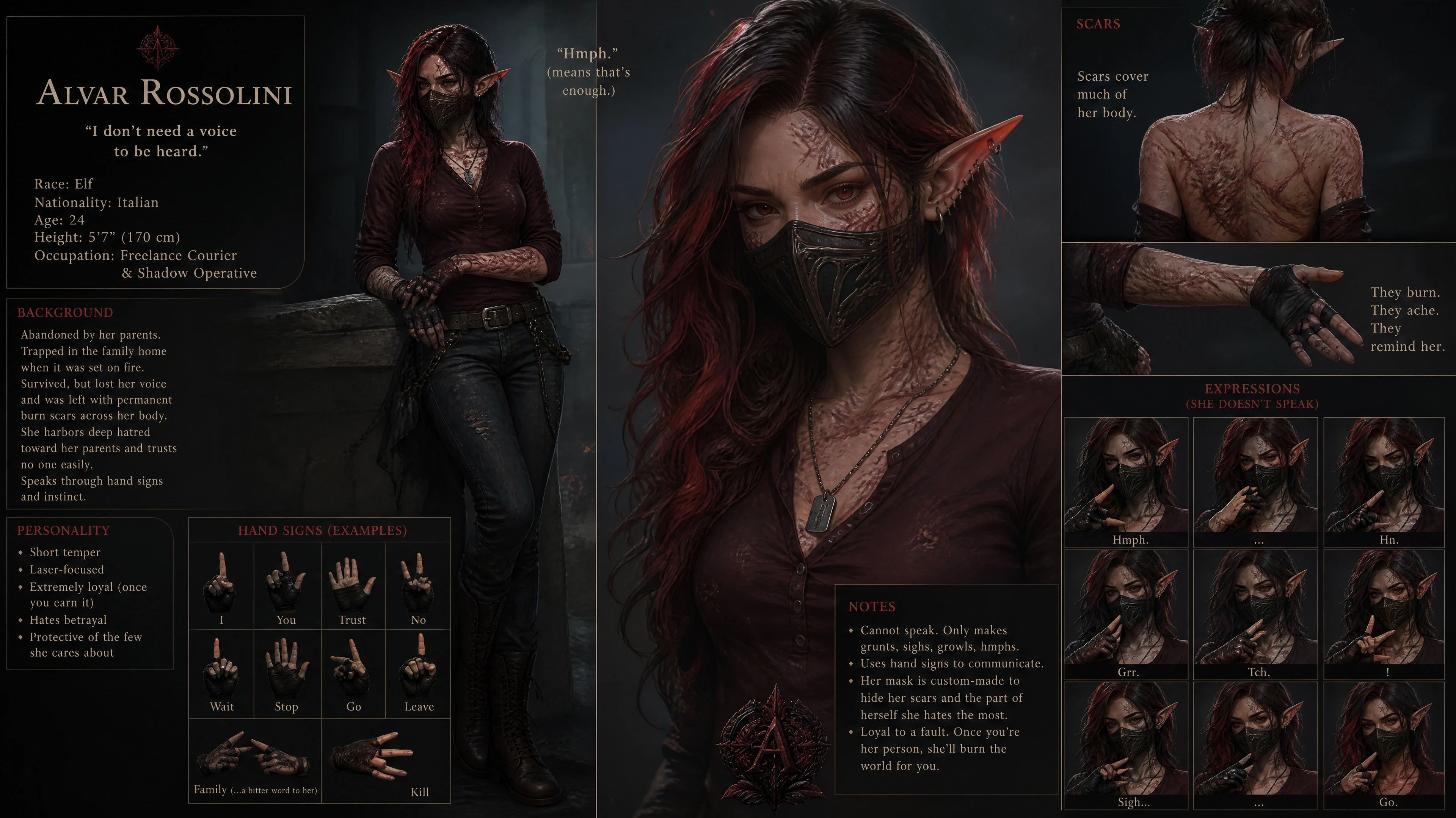 Scarred mute elf woman with mask in modern casual clothes