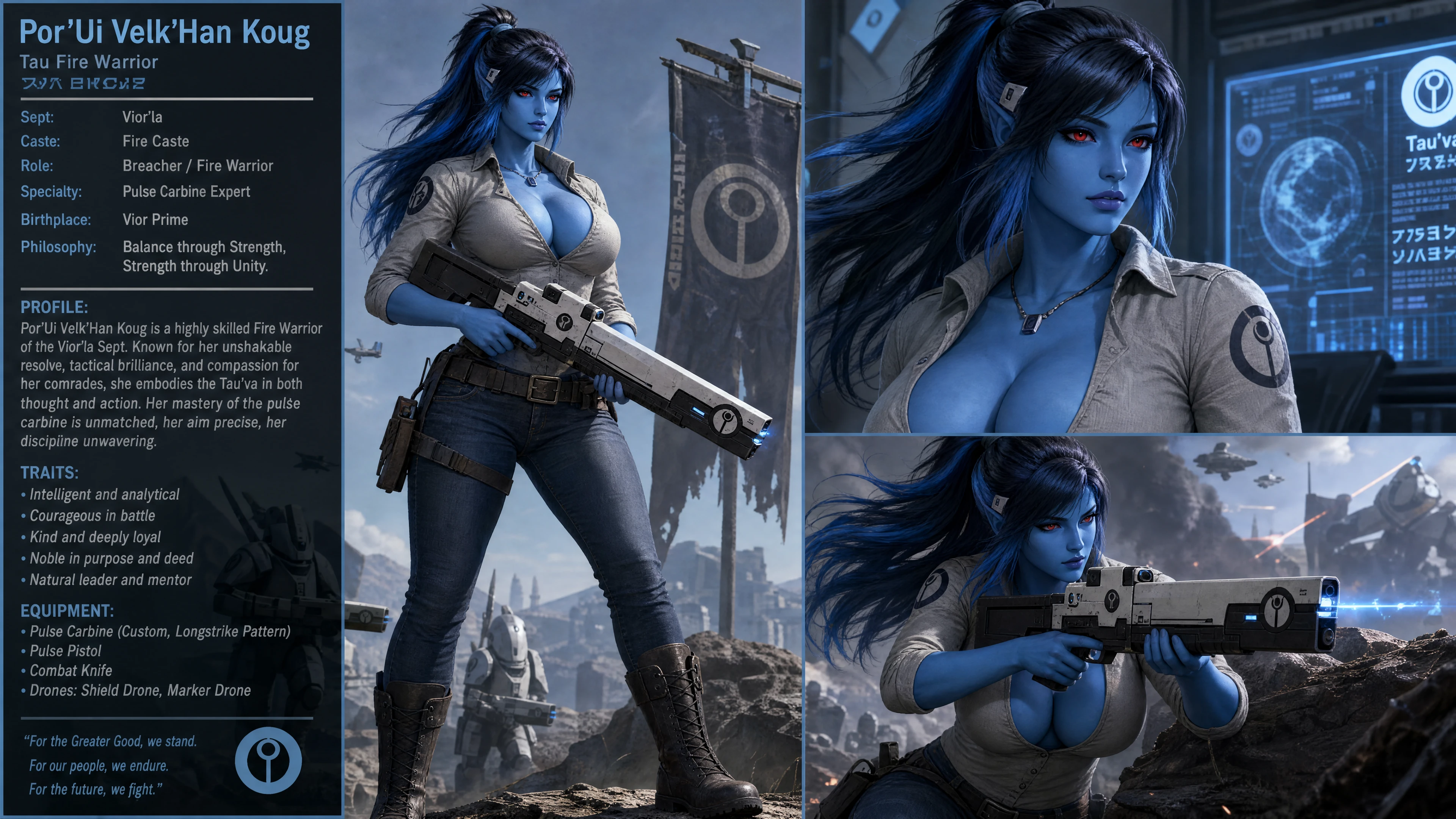 Blue skinned sci fi woman with red eyes in casual clothes