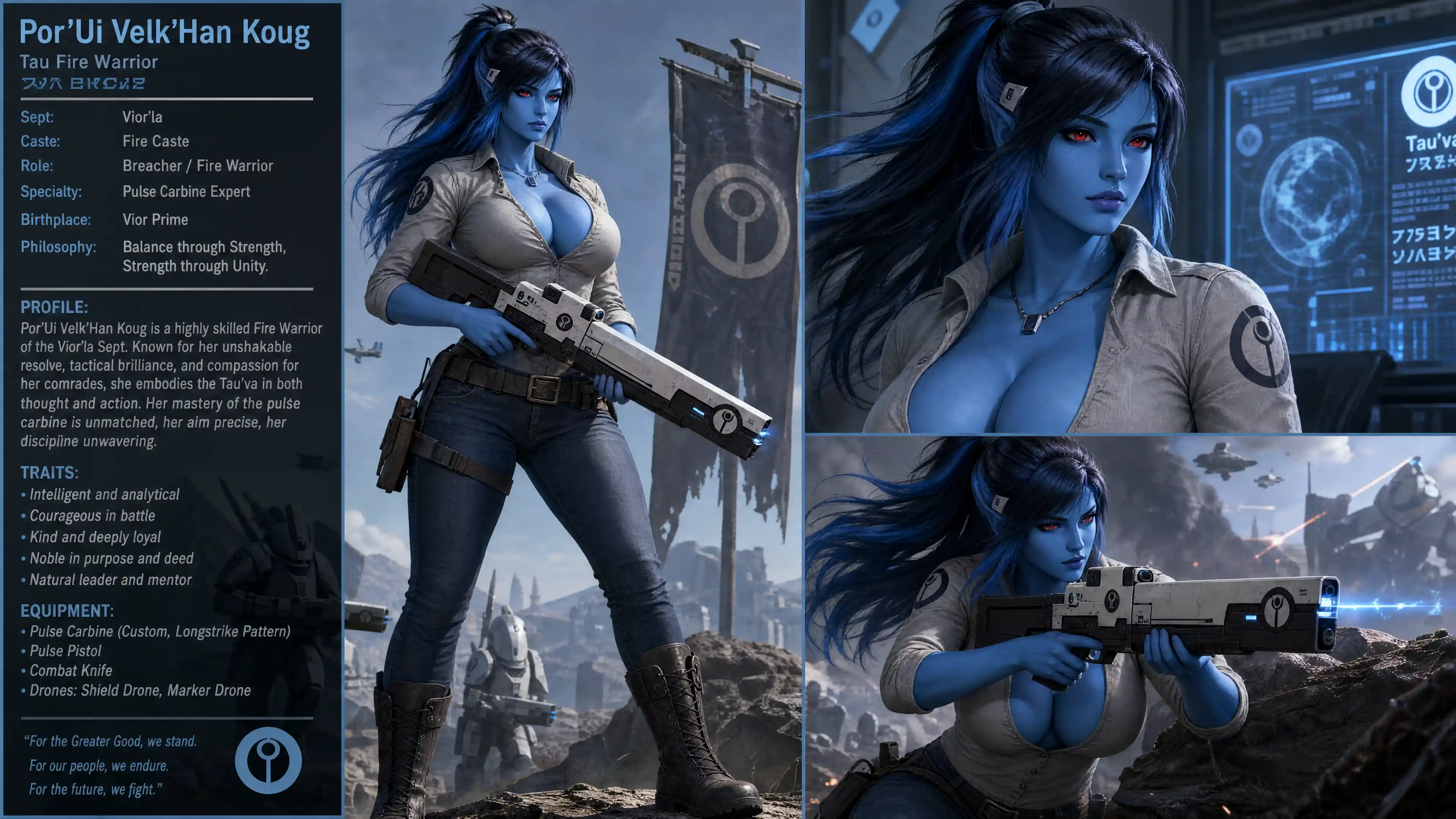 Blue skinned sci fi woman with red eyes in casual clothes