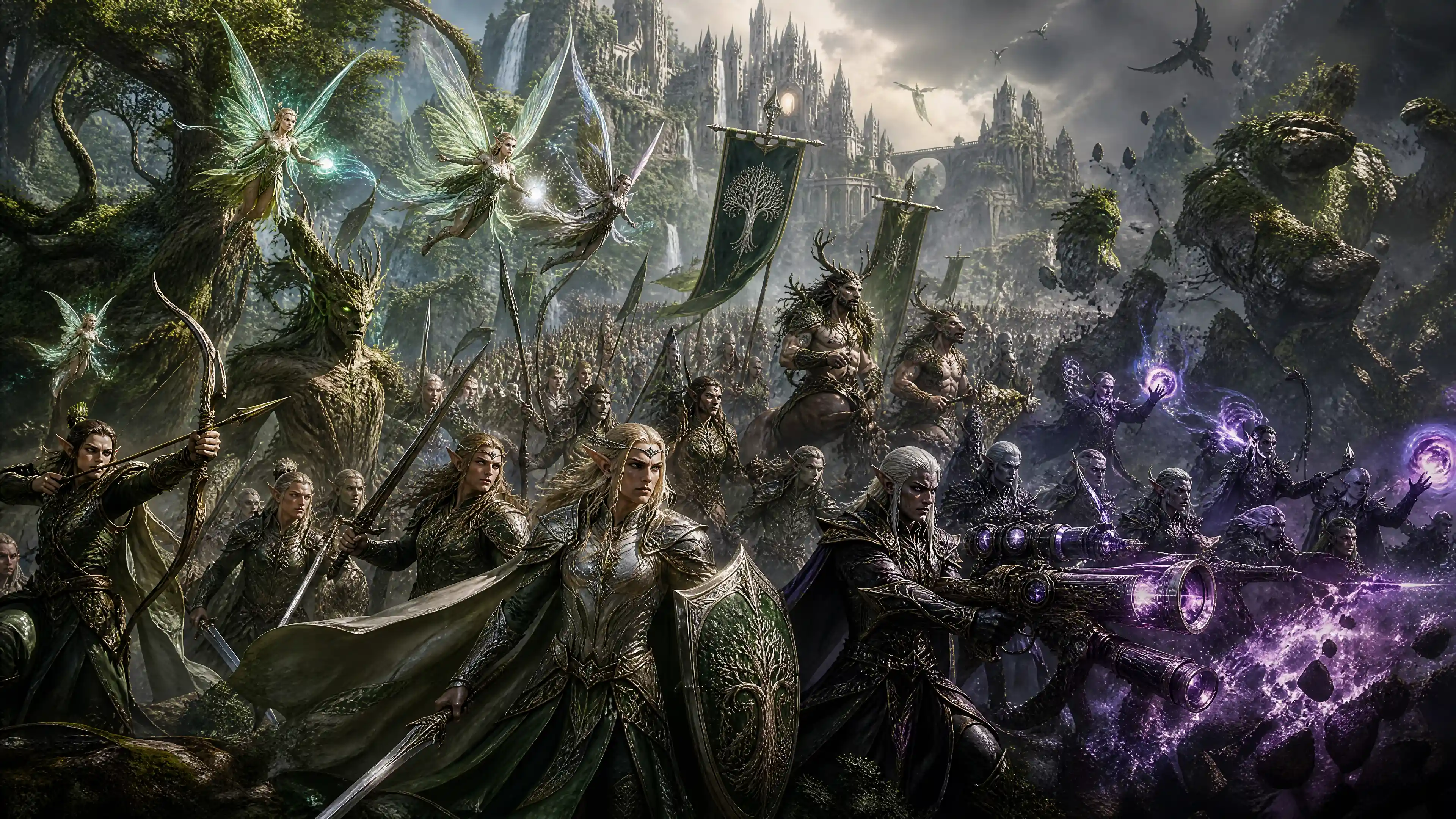 Elven and mythical army marching to defend their realm