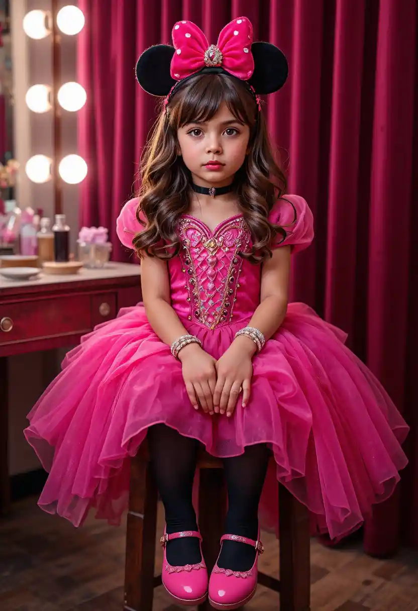 Young boy dressed as a princess in pink vanity scene