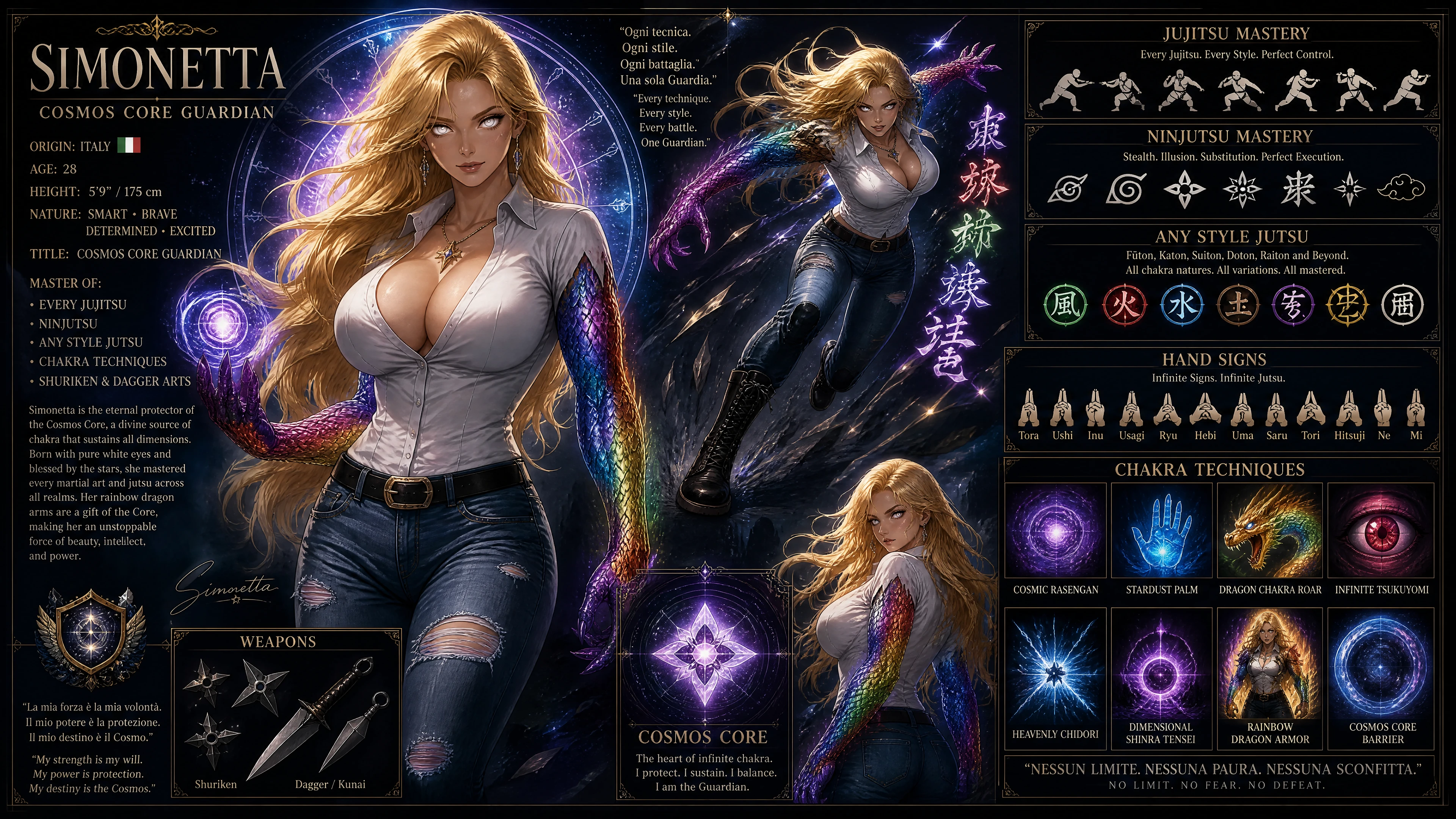 Golden haired dragon armed guardian woman in cosmic space