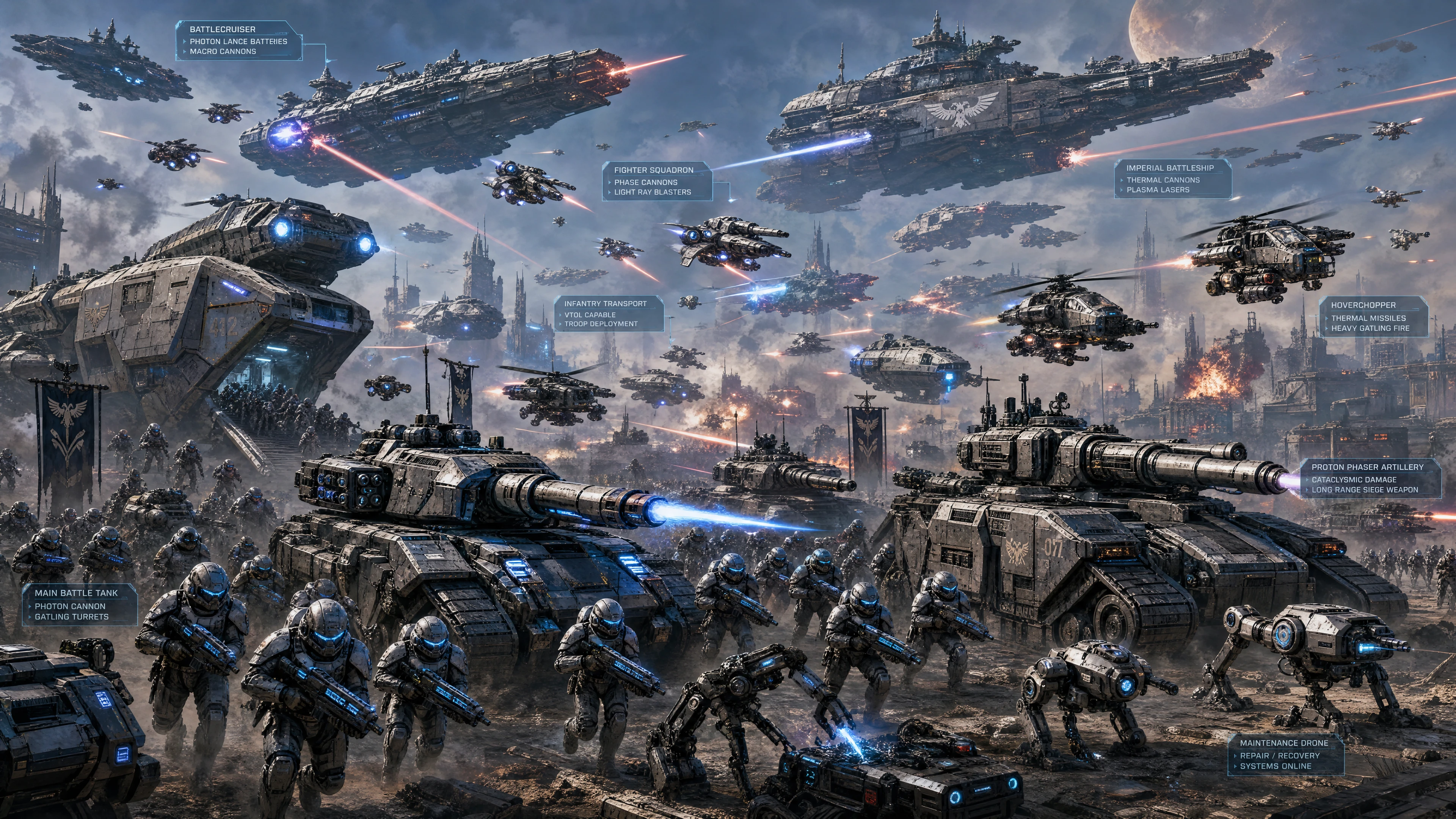 Futuristic infantry and tanks advancing in intense sci fi battle
