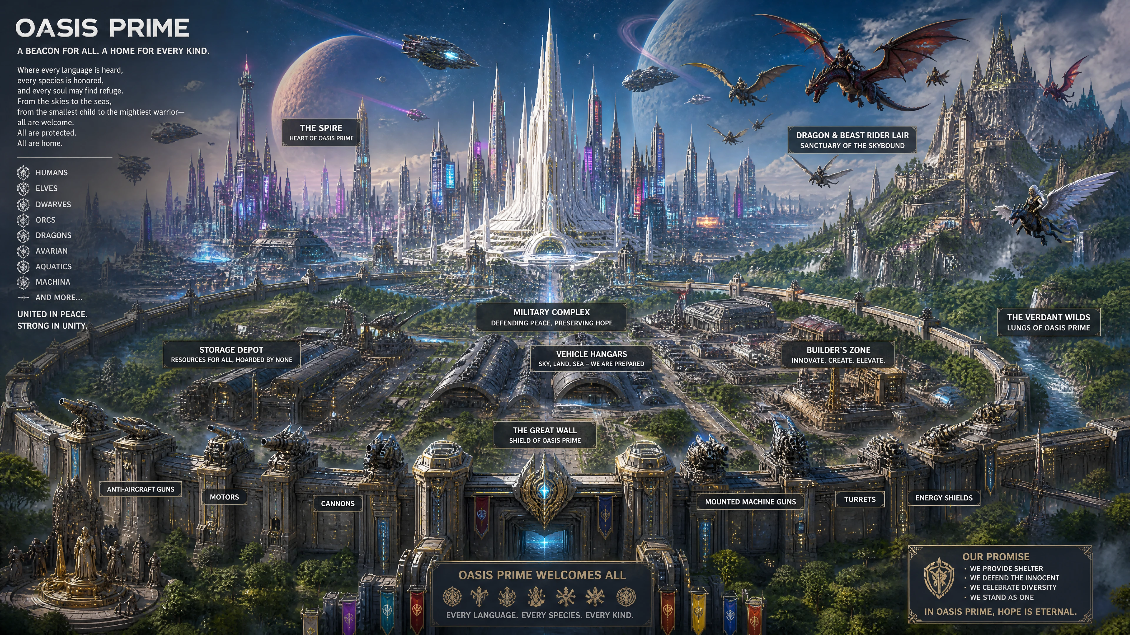 Vast Neon Metropolis With Towering Central White Spire