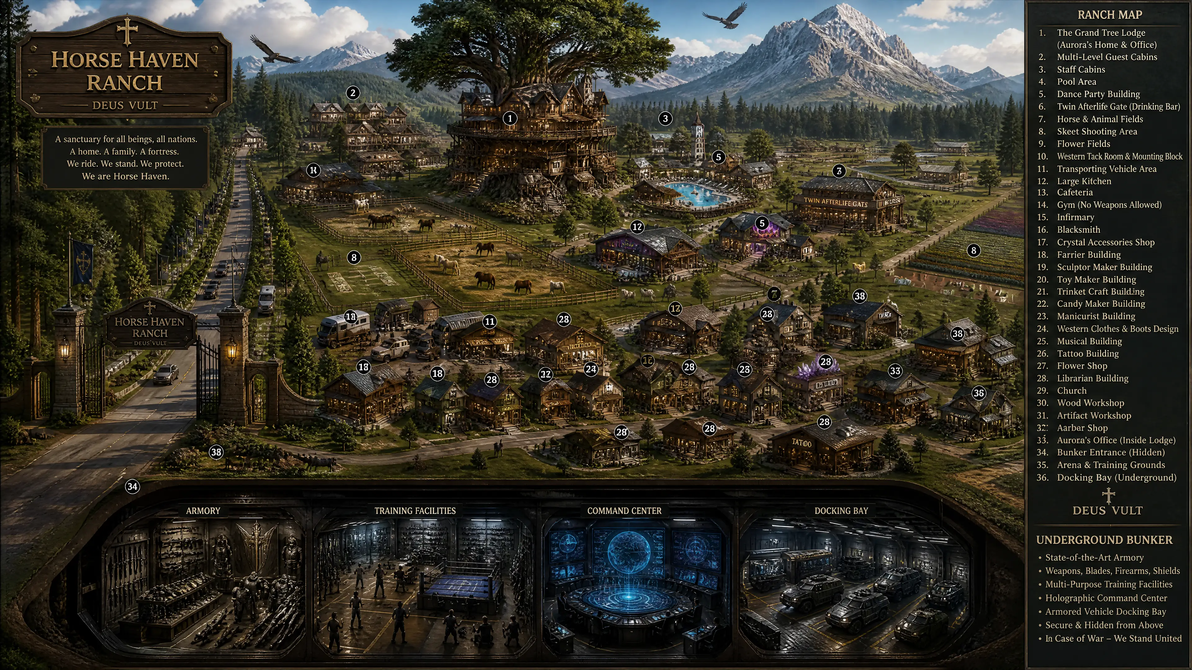 Horse ranch lodge nestled in a vast forest landscape