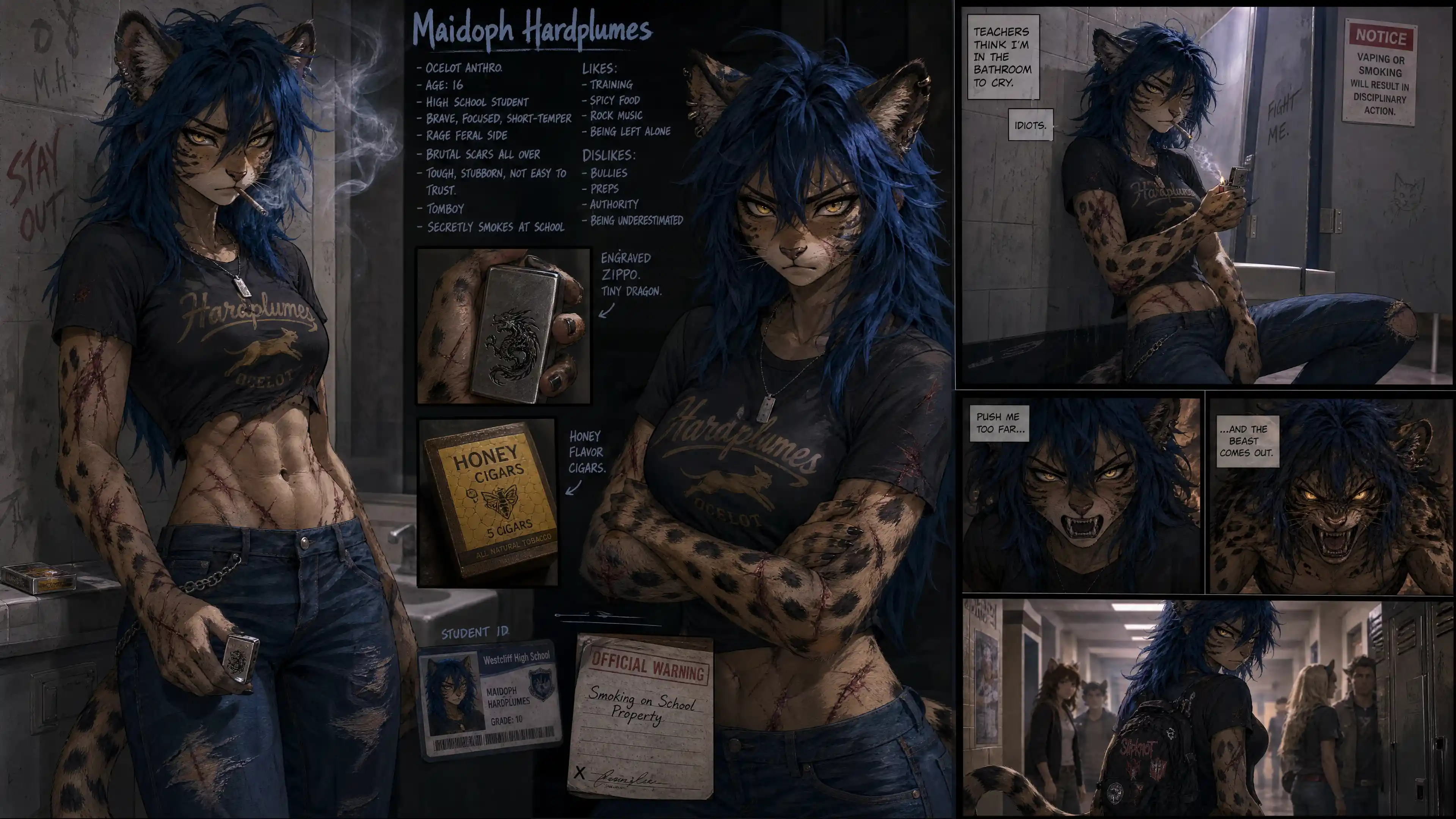 Scarred teenage ocelot girl smoking secretly at school