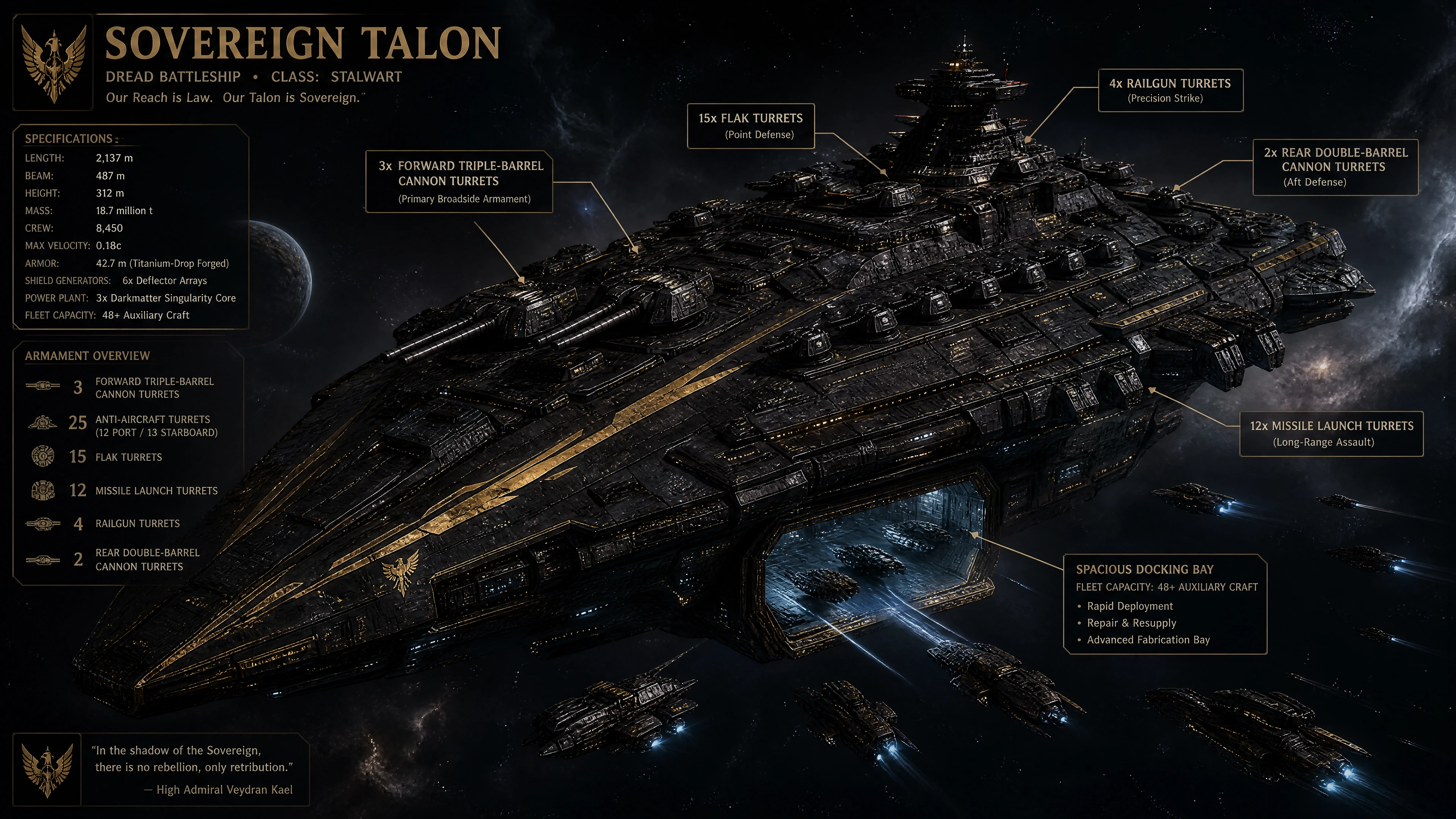 Heavily armed dark battleship dominating deep outer space