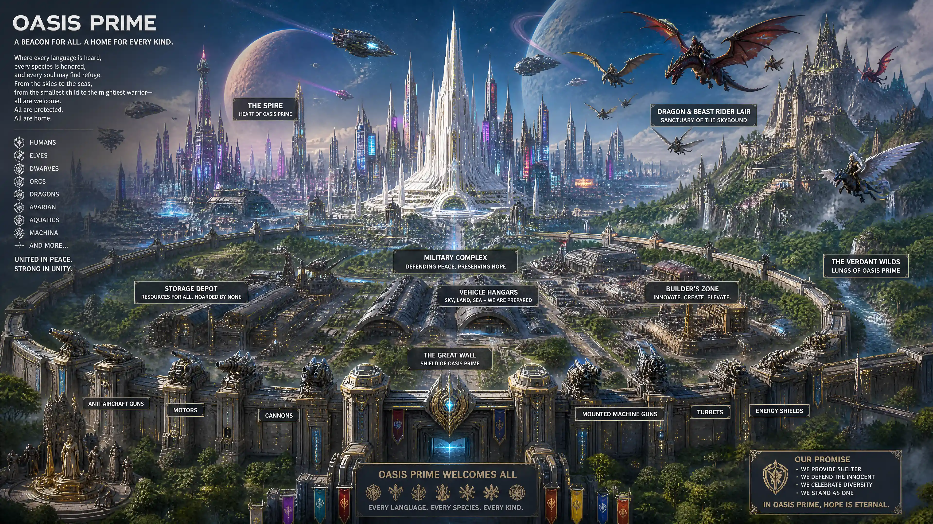 Vast Neon Metropolis With Towering Central White Spire