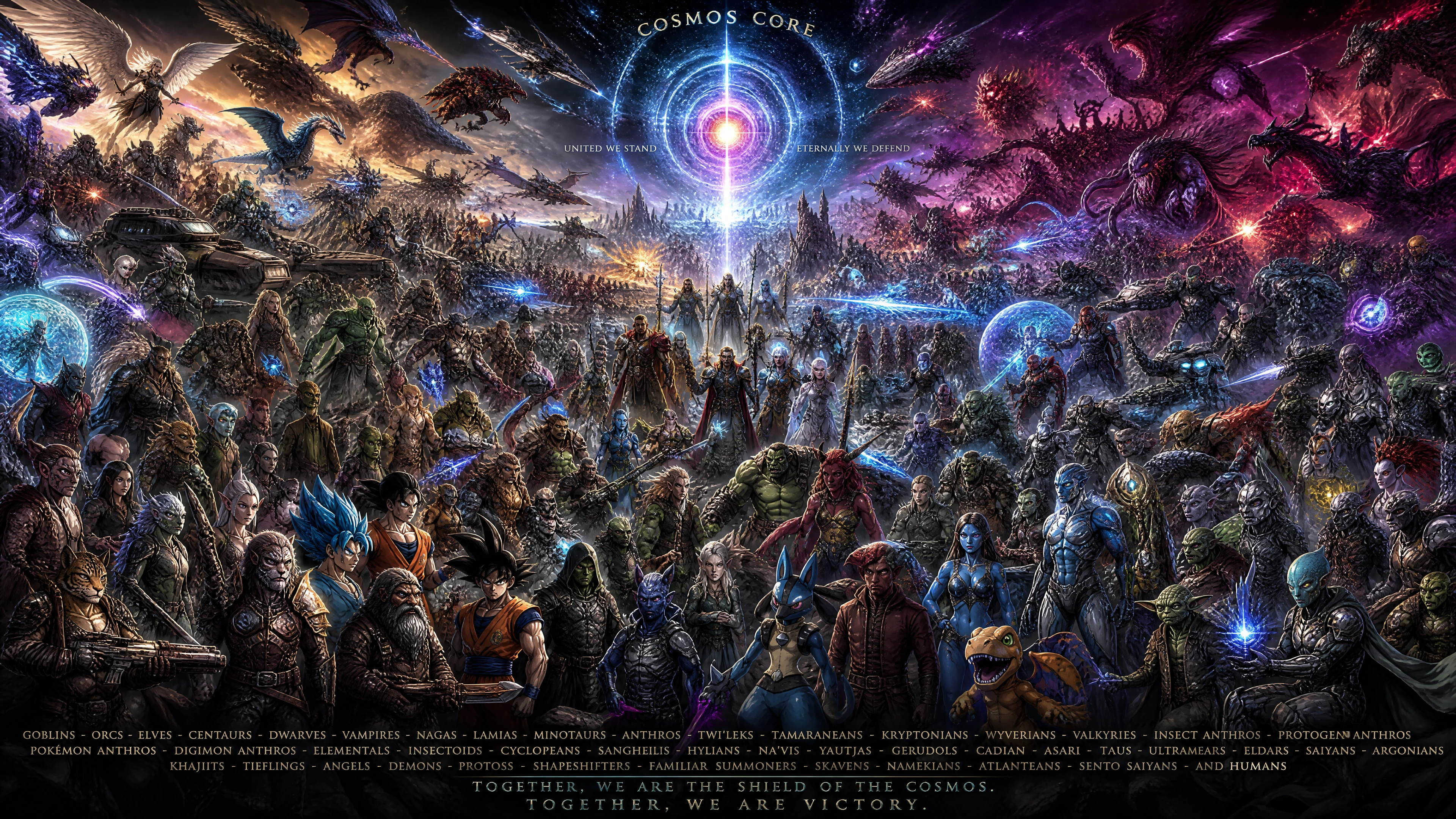 Vast united fantasy army defending the cosmic core