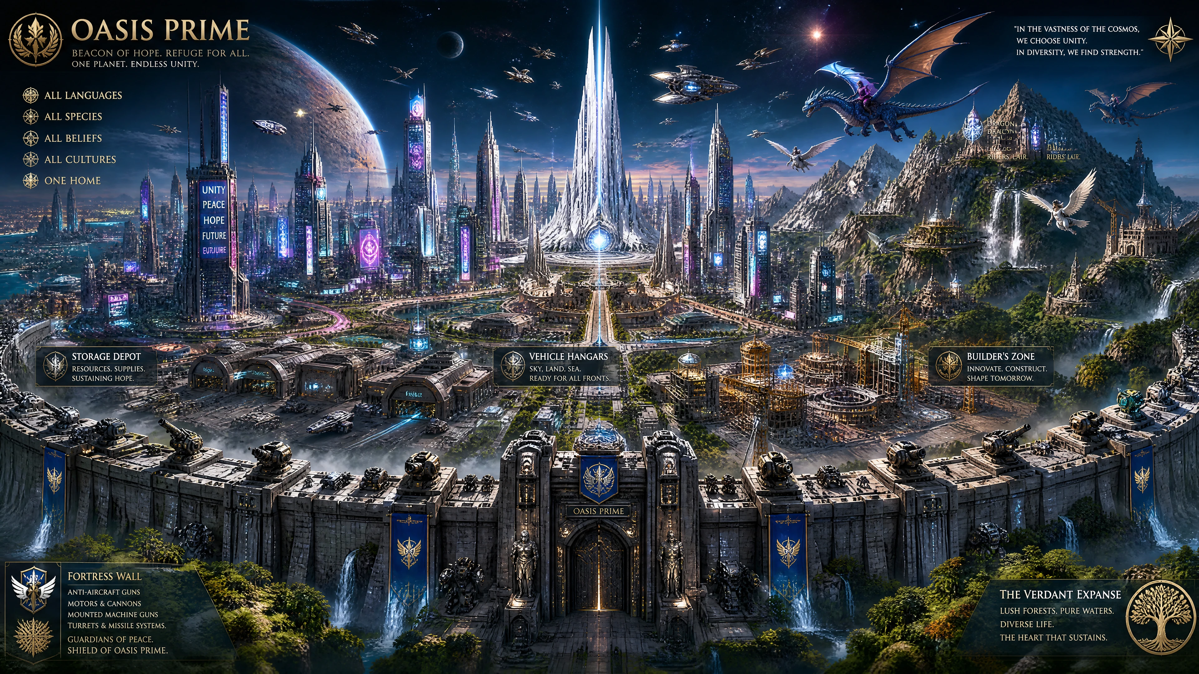 Neon sci fi metropolis with towering white central spire