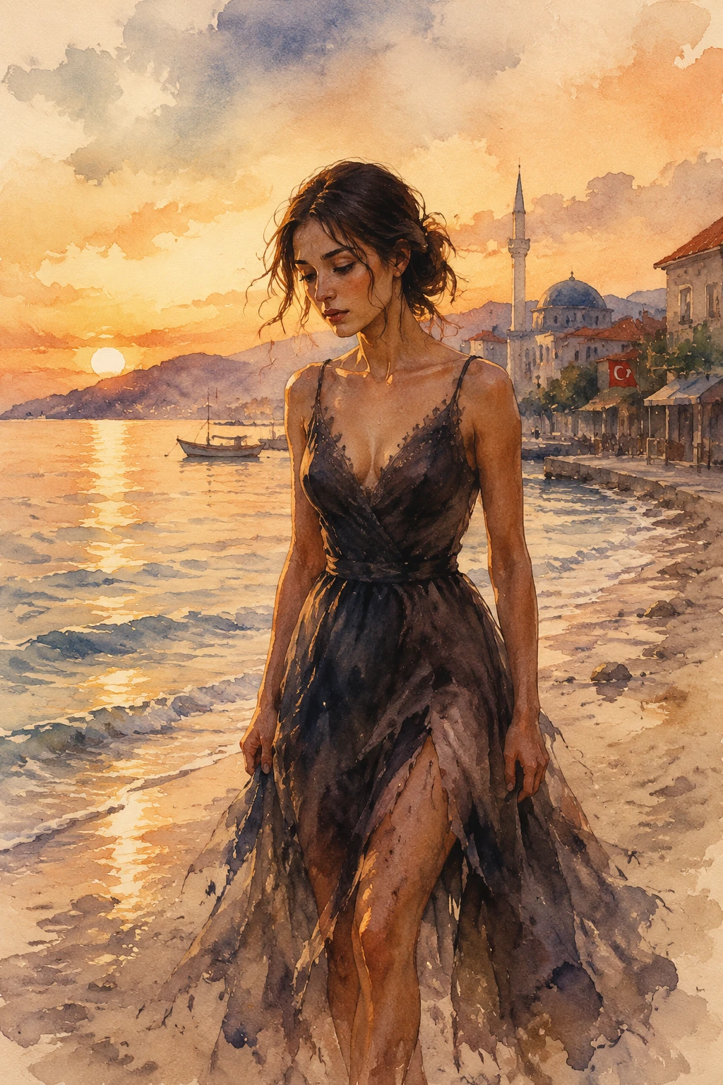 Young woman in tattered gown walking alone on Turkish beach