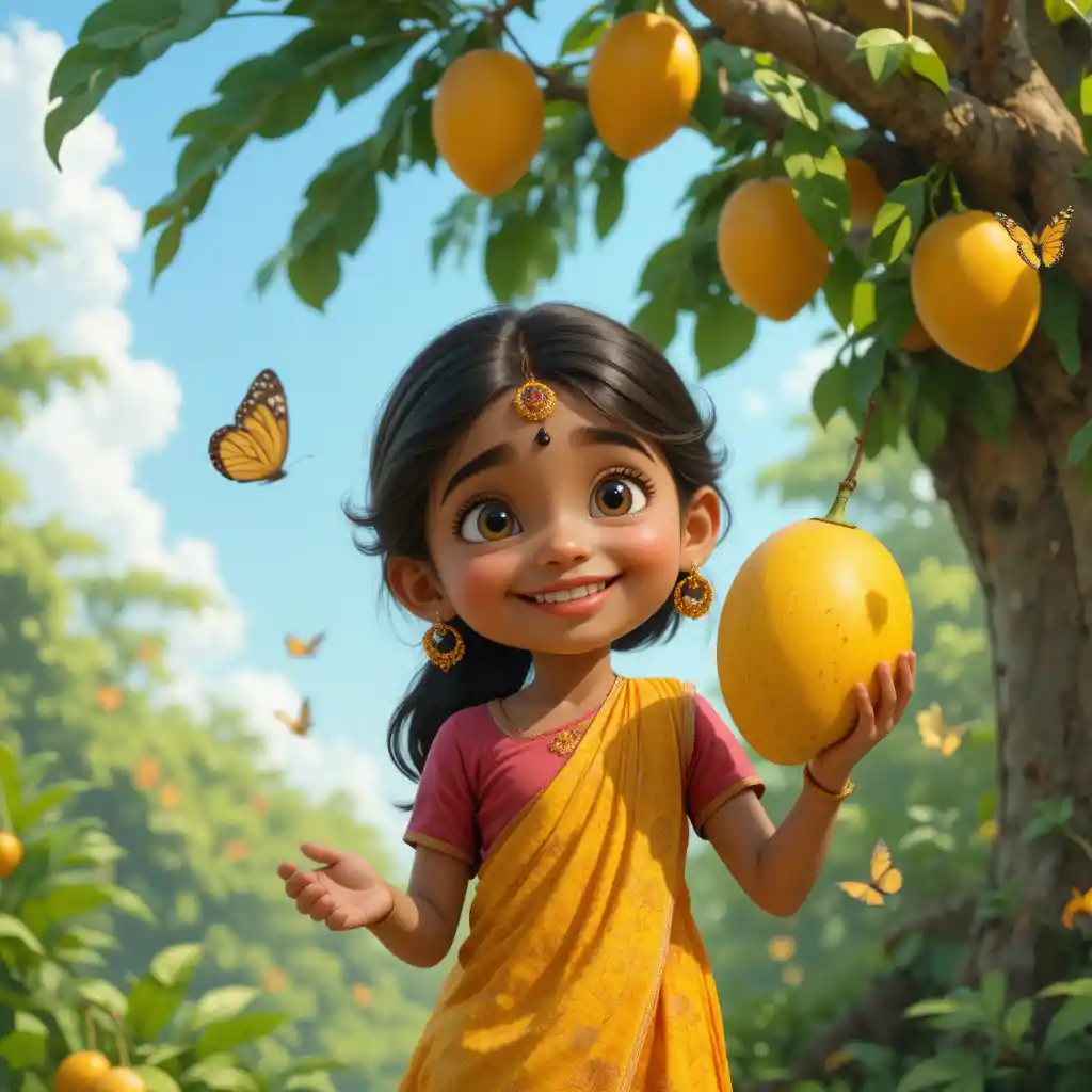 Cute Indian girl holding mango under lush mango tree