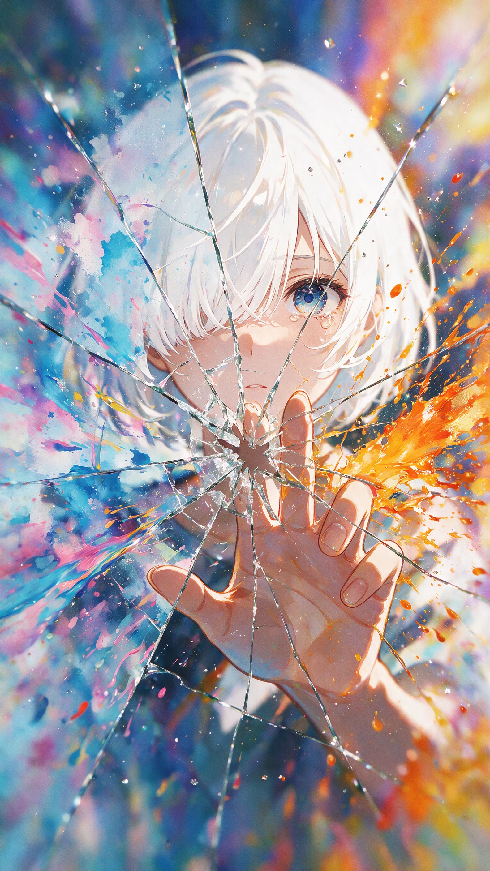 Sad anime girl with heterochromia behind colorful abstract glass