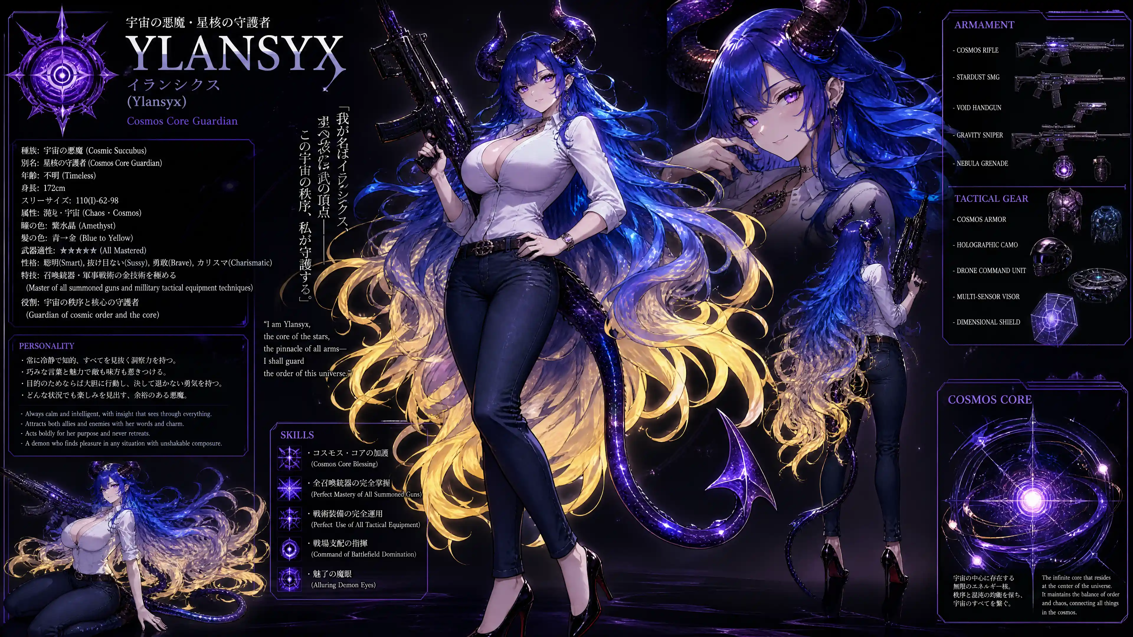 Blue haired anime succubus woman with horns and tail
