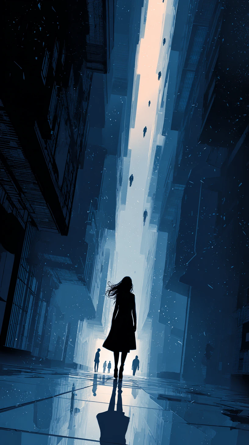 Elegant woman in an infinite mirrored corridor with surreal depth