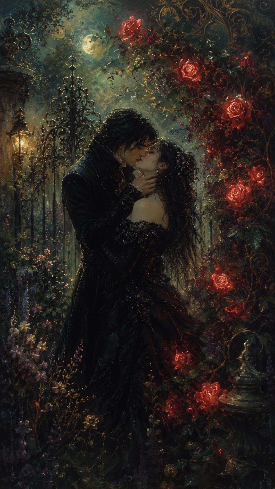 Gothic couple kissing in a mystical night garden