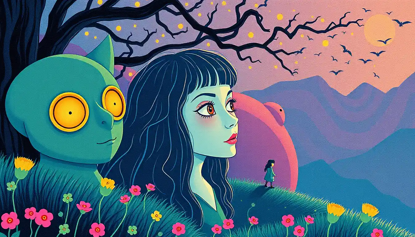Personaggi fantasy fiabeschi in stile poster retrò colorato anni ’80