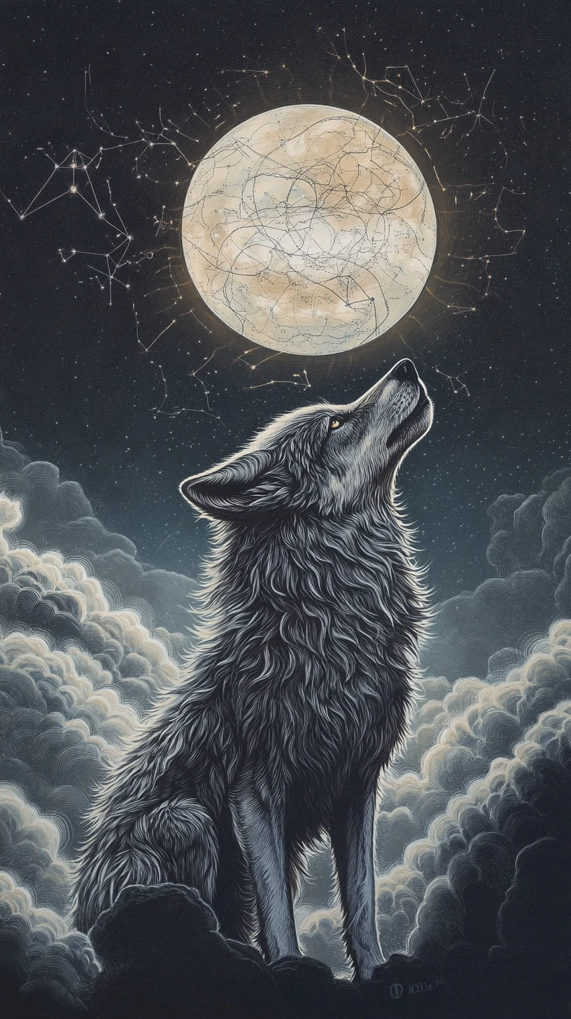 Lone wolf beneath a moonlit sky with abstract patterns