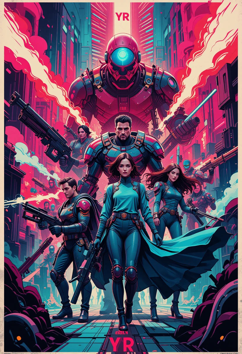 Futuristic heroes in a neon sci fi battle scene