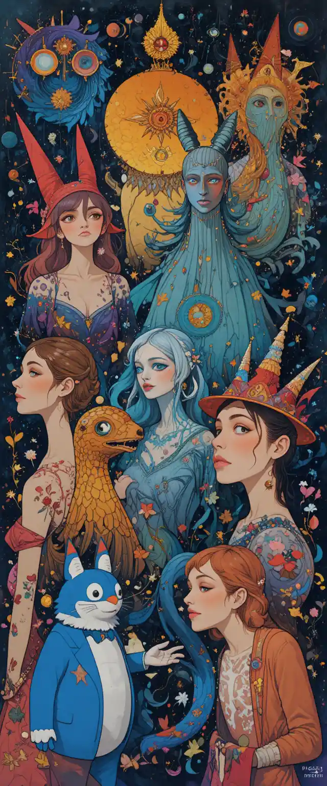 Whimsical fantasy characters in bold modern graphic style