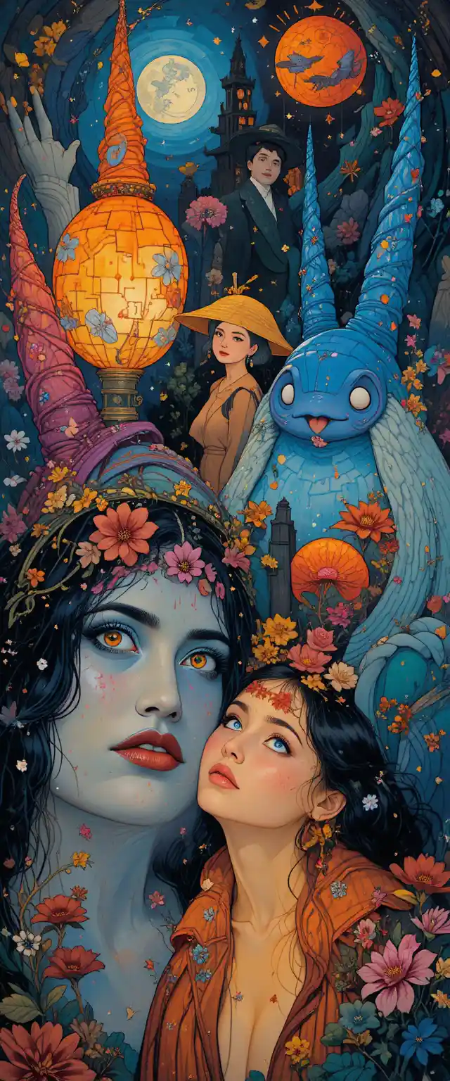 Whimsical fantasy characters in bold retro graphic style