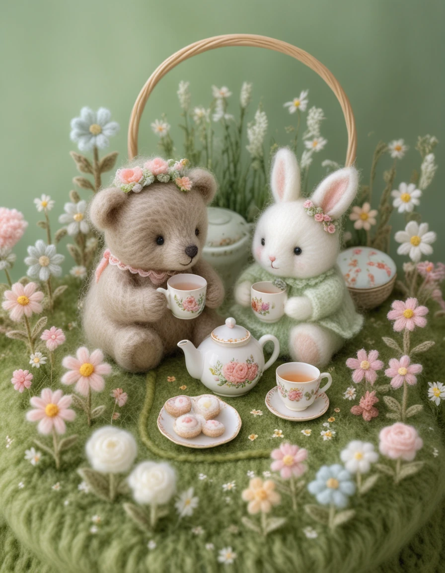 Felt bear and angora rabbit at a cozy yarn tea party