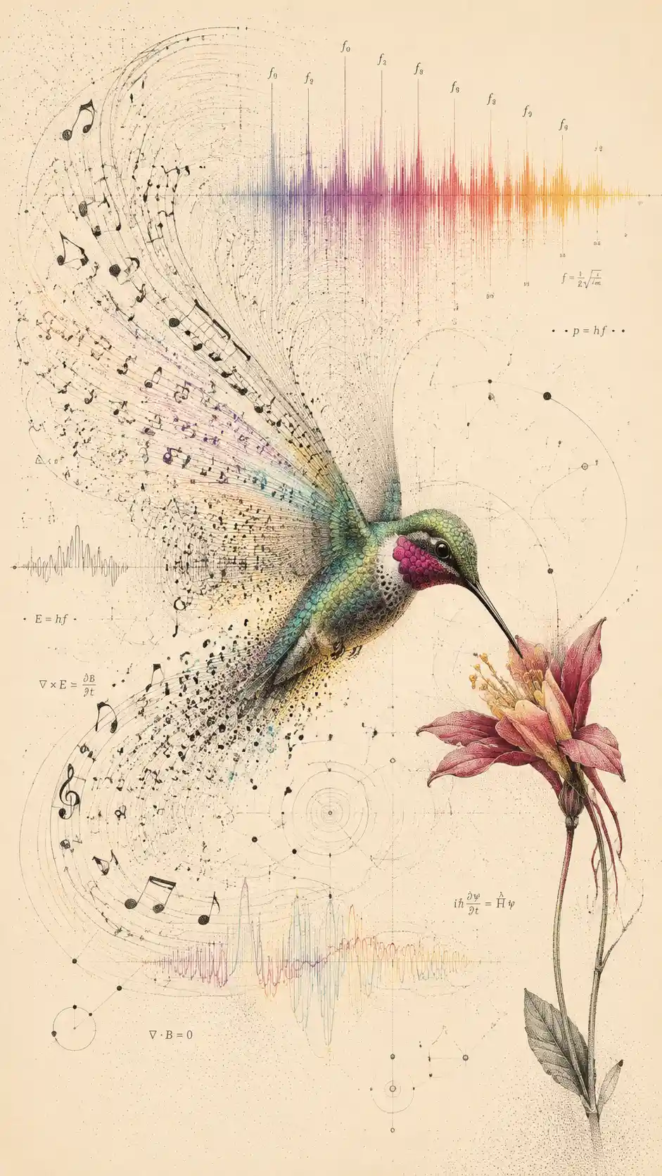 Hummingbird With Wings Transforming Into Flowing Musical Symbols
