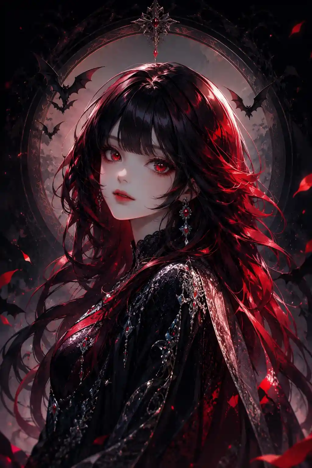Elegant anime vampire woman in ceremonial fantasy fashion