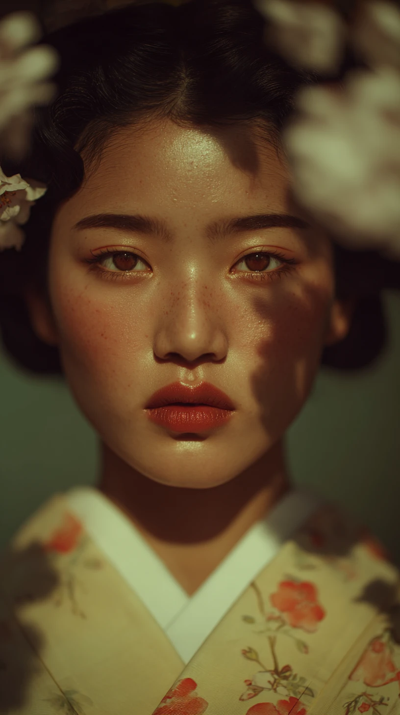 Elegant geisha in floral kimono with symmetrical comic style