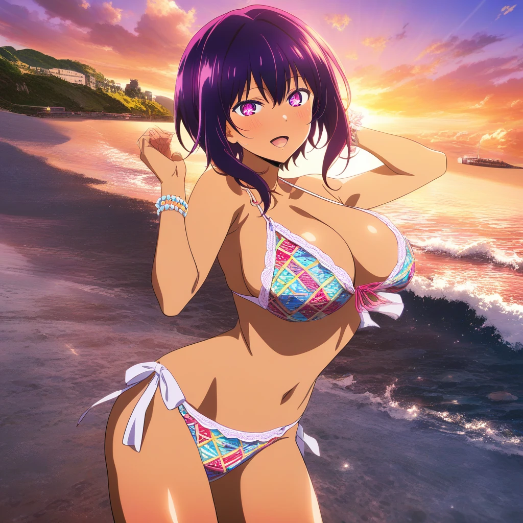 Ragazza anime in bikini all’uncinetto che posa su una spiaggia soleggiata