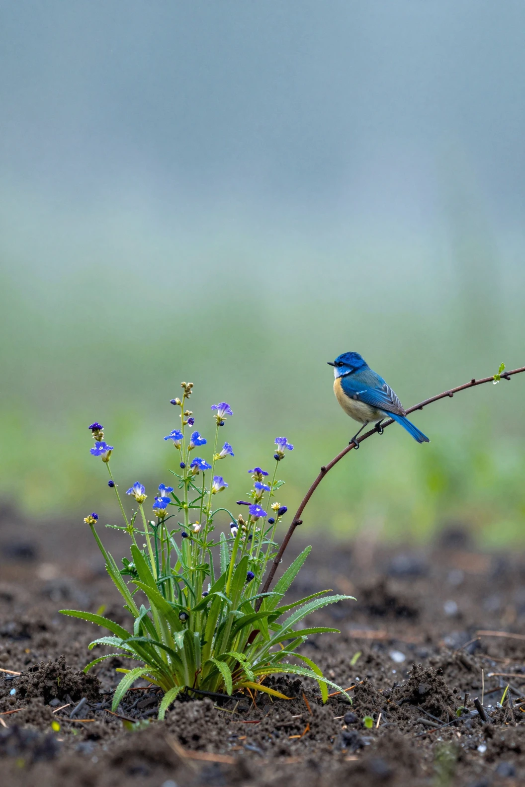 Blue songbird on wet spring soil in gentle rain