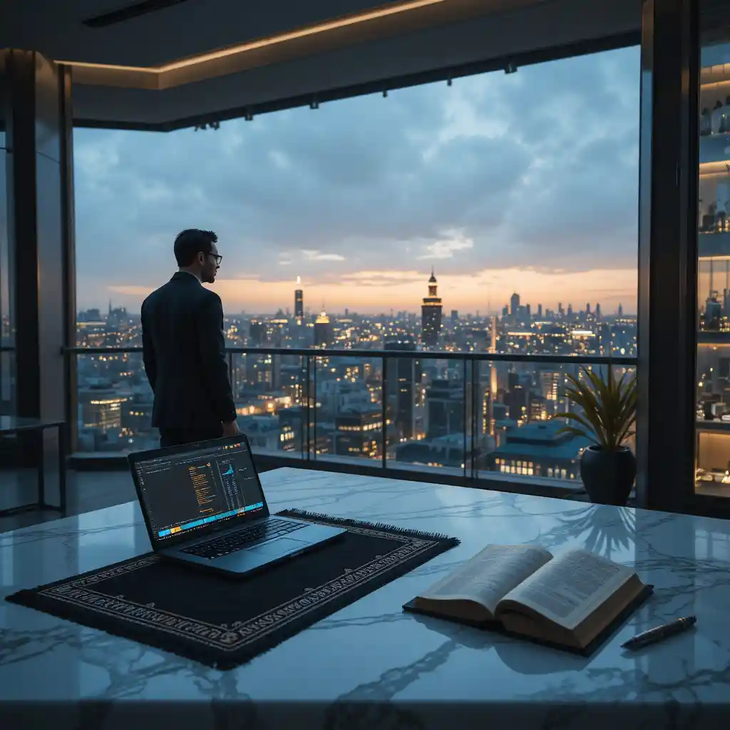 Trader on penthouse balcony before dawn over glowing city