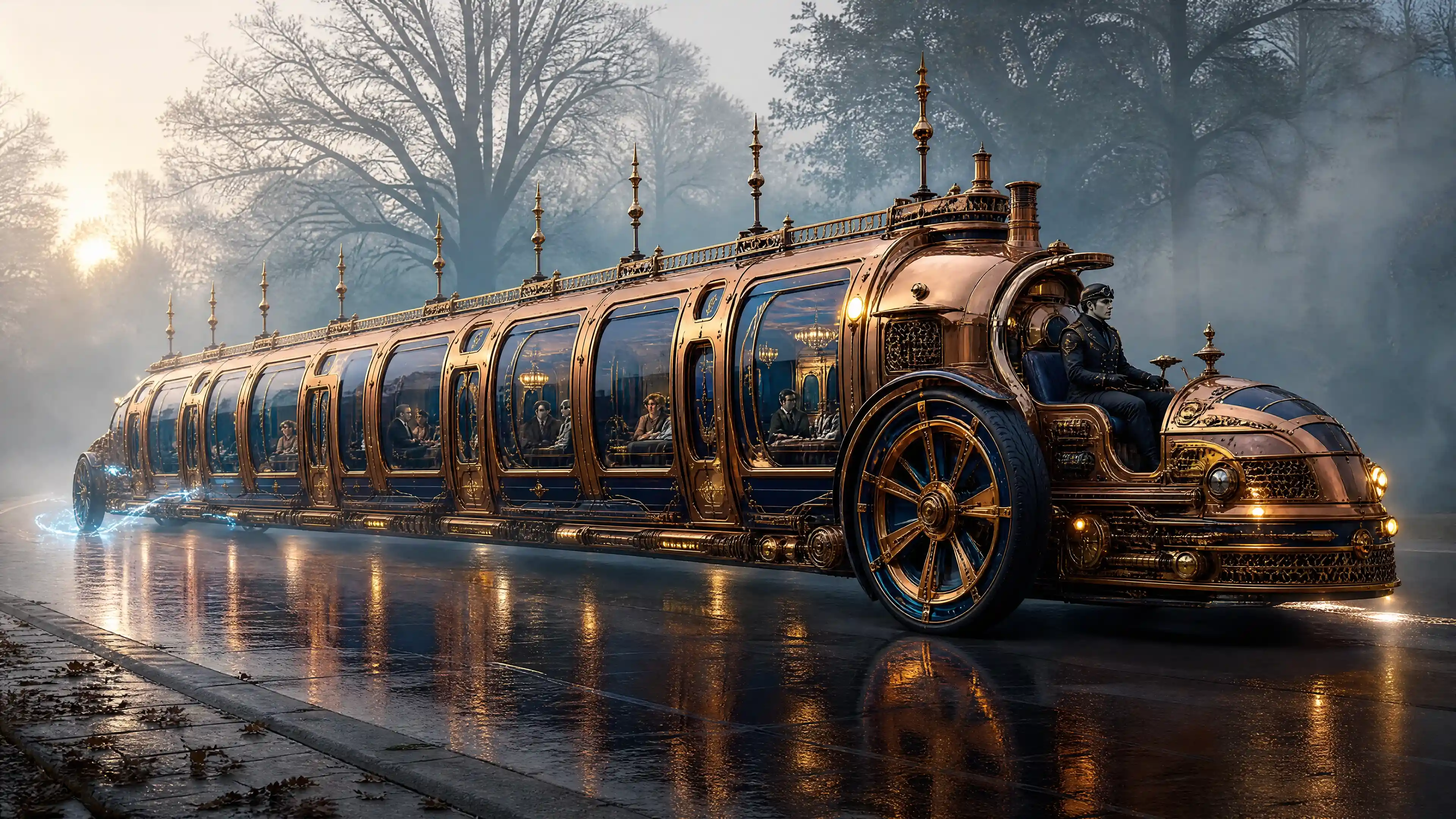 Futuristic steampunk limousine gliding along a foggy morning road