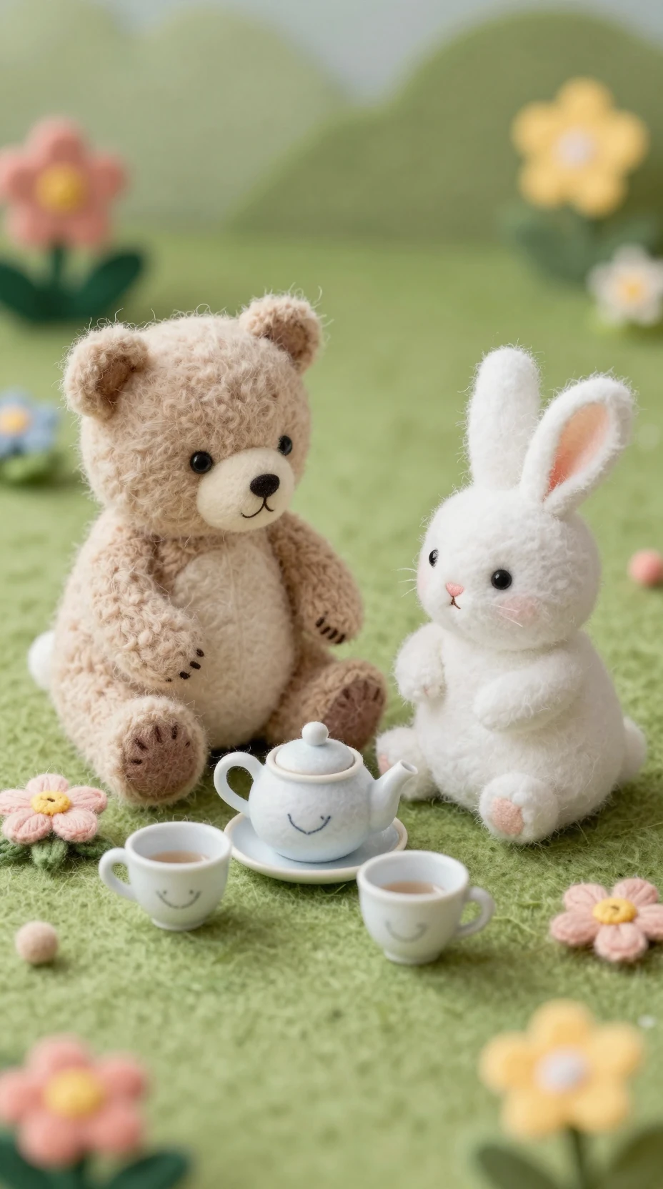 Felt bear and angora rabbit at a cozy yarn tea party