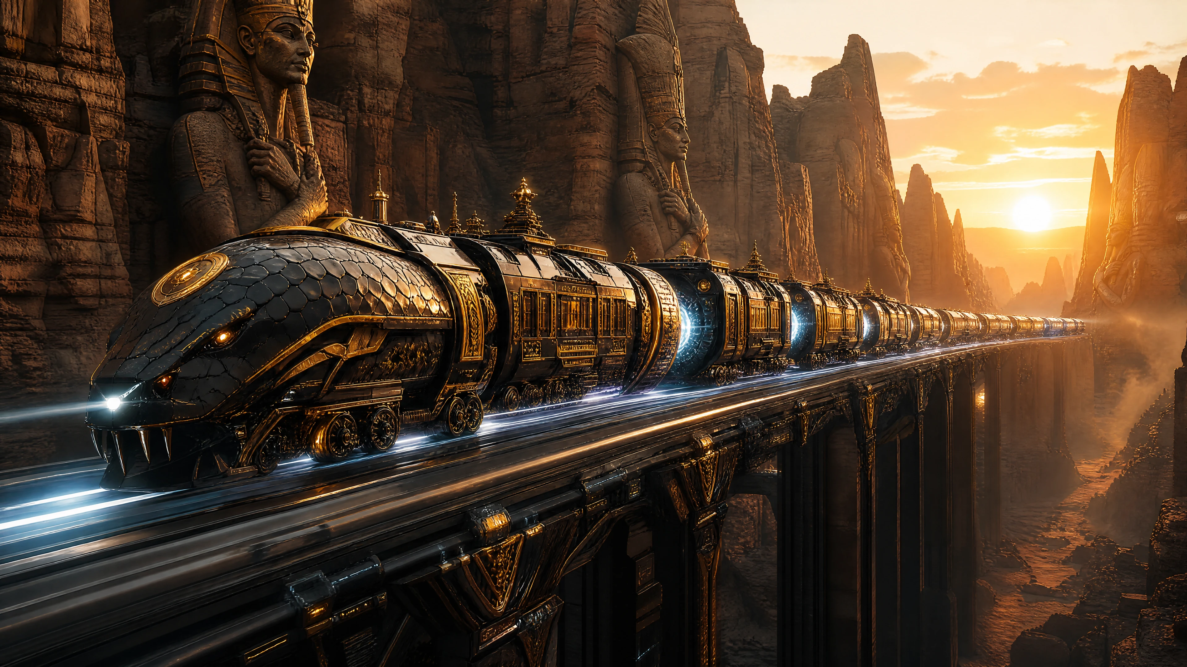 Futuristic Kushite war train racing through god carved canyon