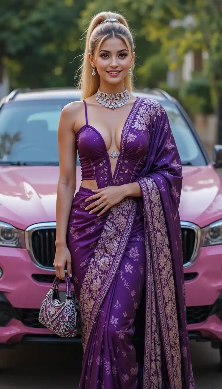 Joyful woman in purple saree beside pink luxury SUV