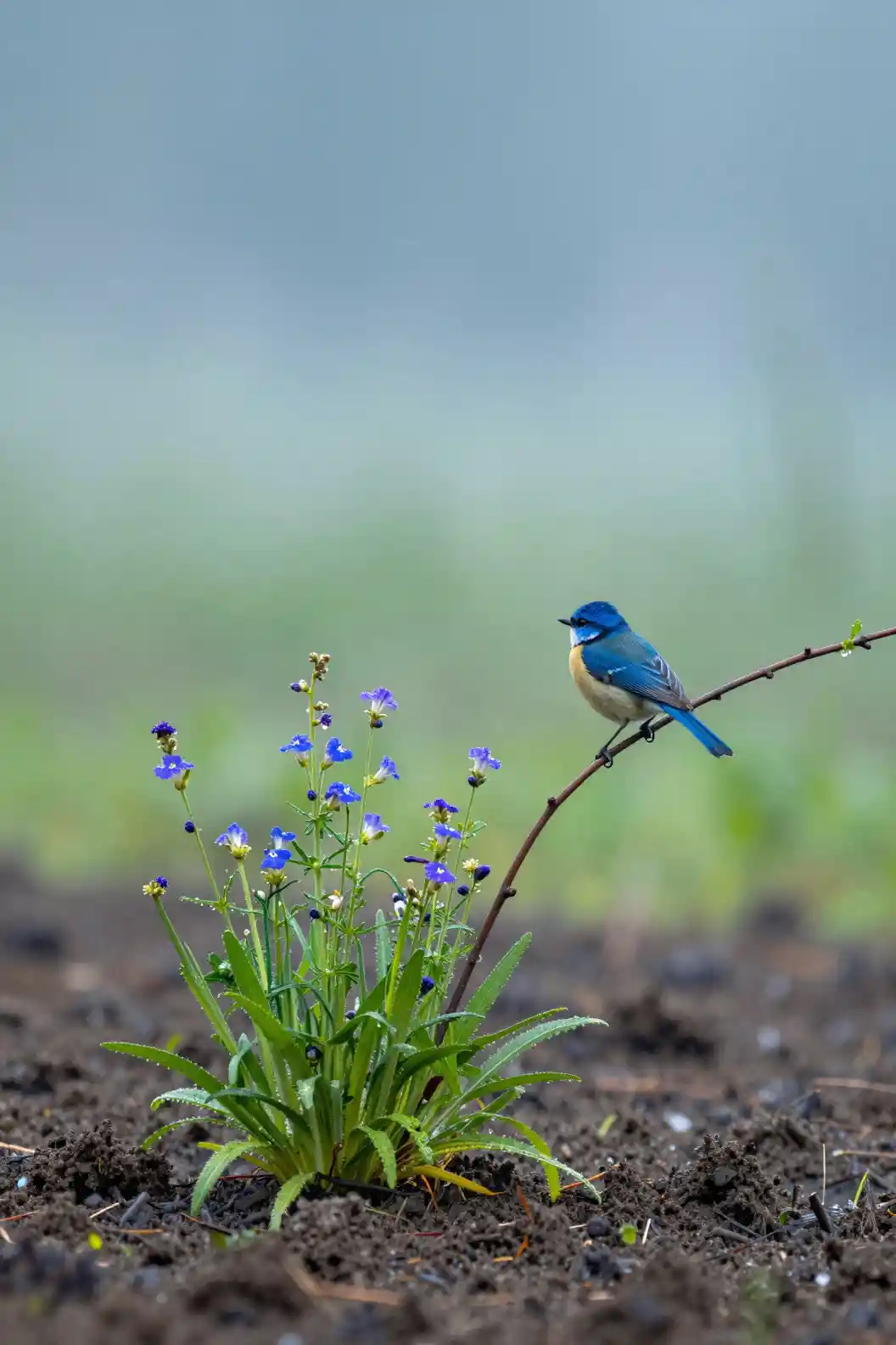 Blue songbird on wet spring soil in gentle rain