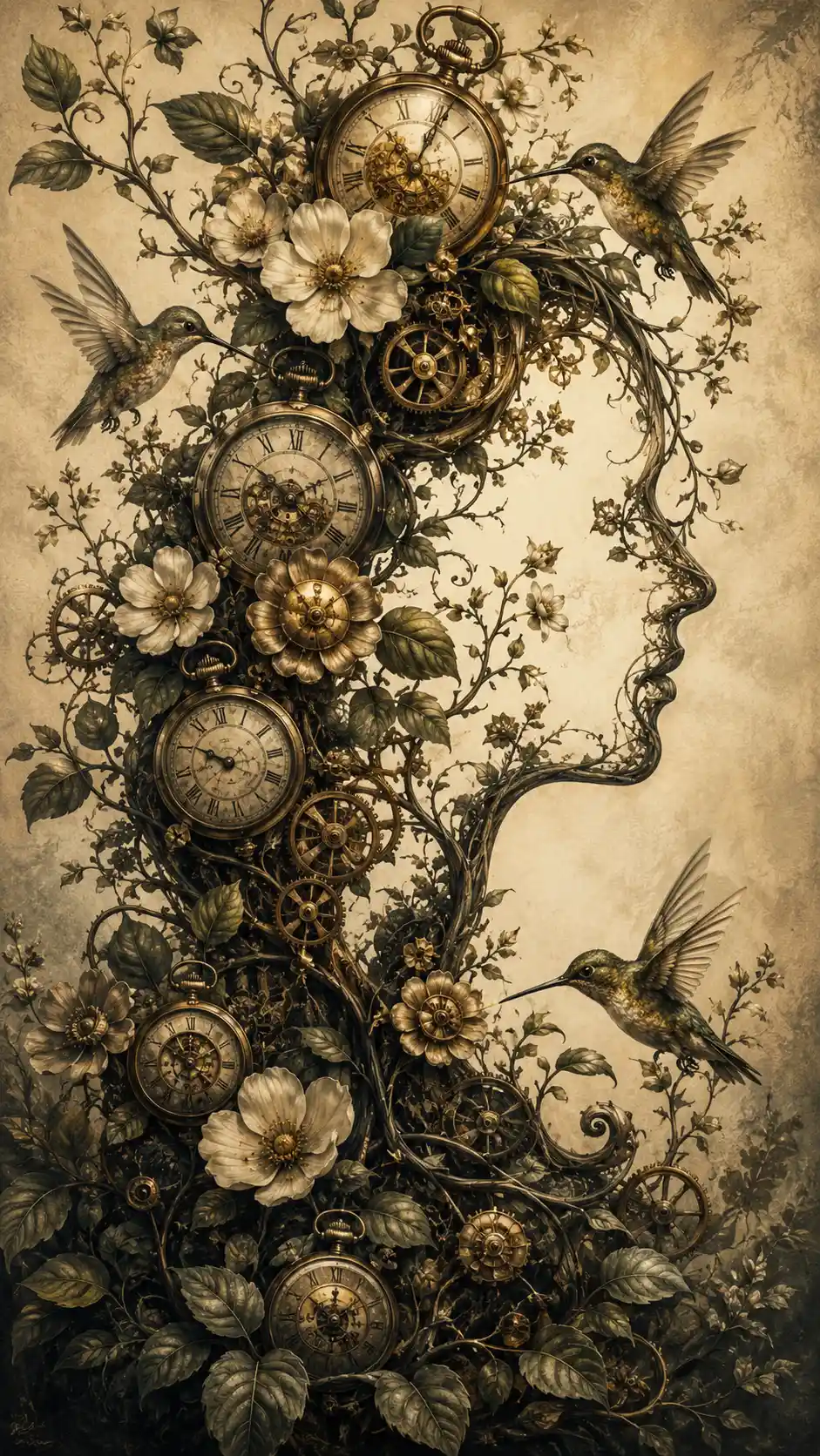 Surreal Pocket Watches Blossoming From Vines With Hummingbirds