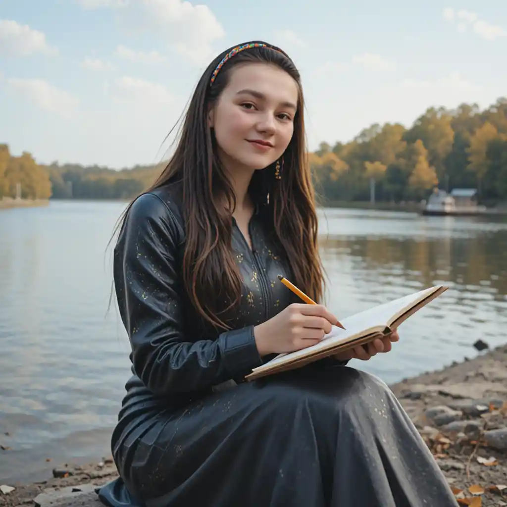 Young woman sketching by a calm lakeside in autumn