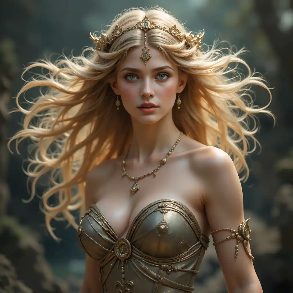 Tall blonde goddess with bow drawing an arrow to shoot