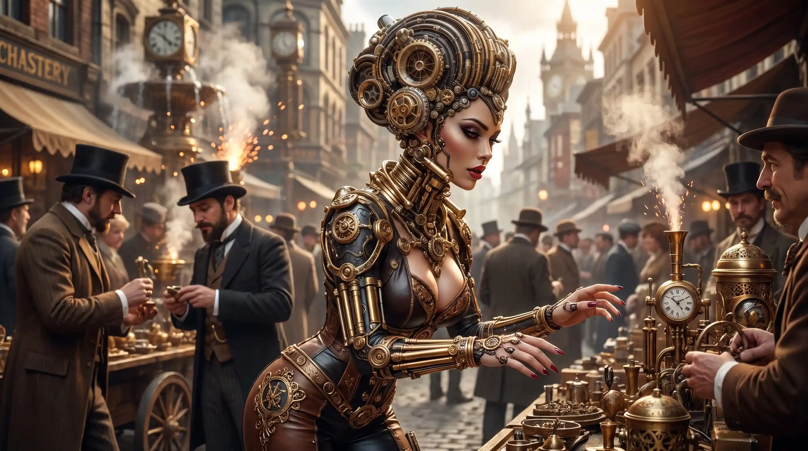 Steampunk woman browsing mechanical wares in busy market