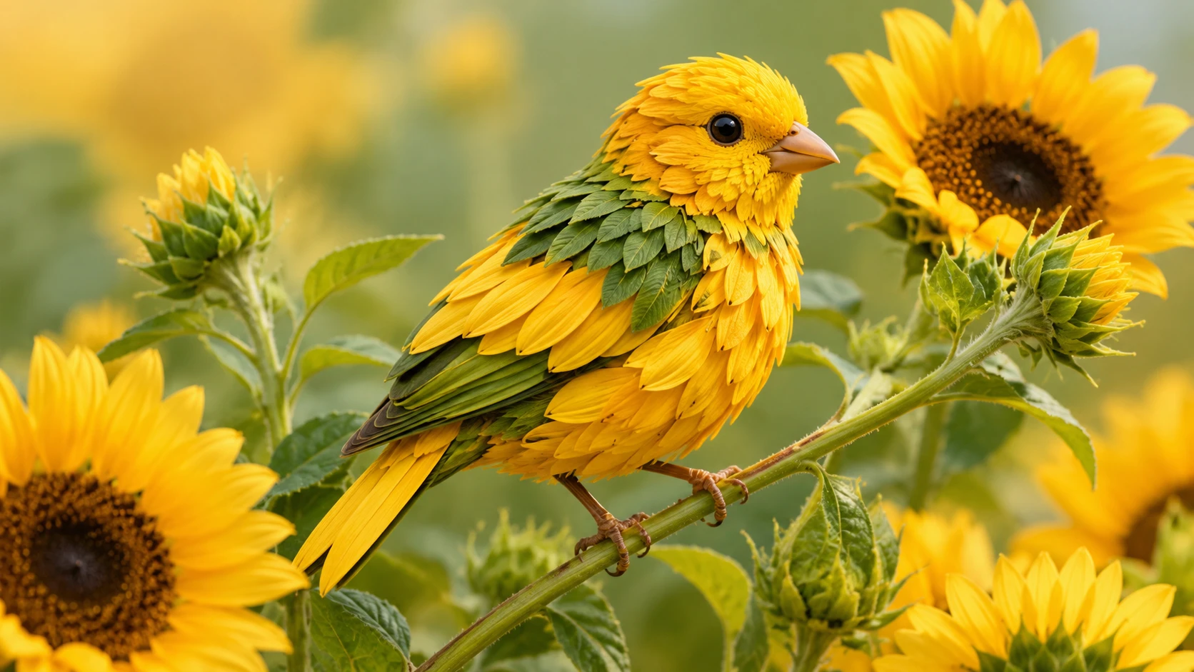 Joyful finch shaped from sunflower petals and green leaves