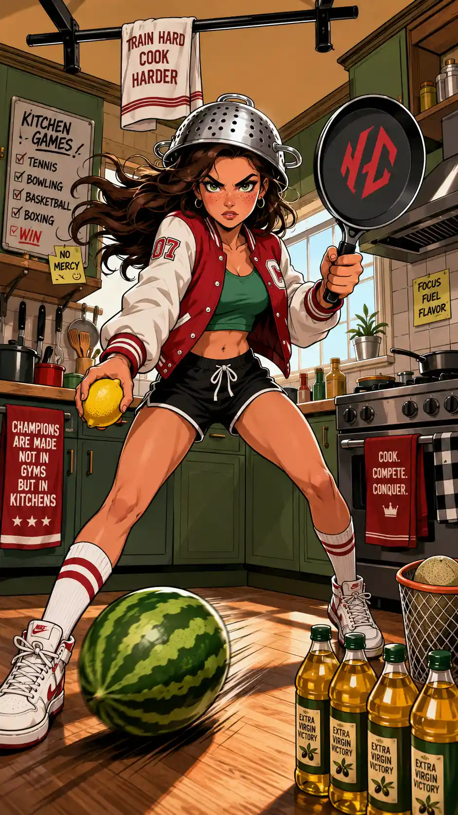 Fierce woman athlete in cartoon kitchen battle stance