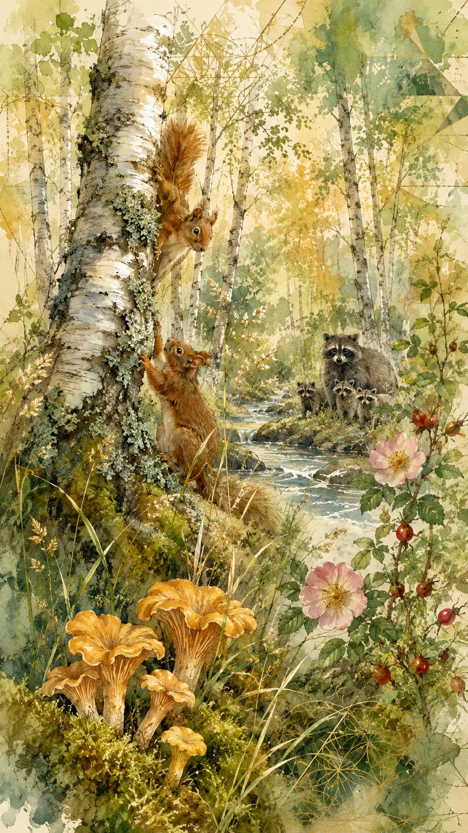 Sunlit birch forest with moss and chanterelle mushrooms