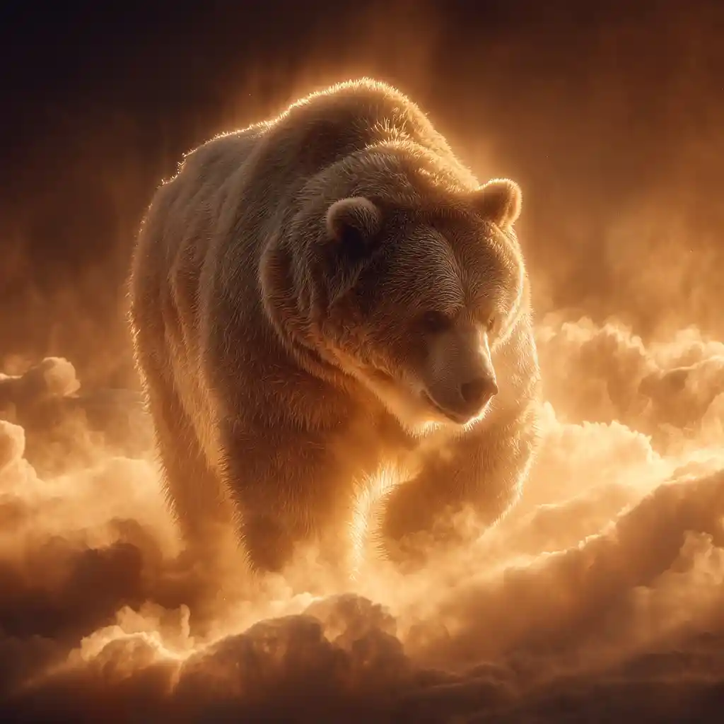 Cinematic bear in foggy forest with volumetric light rays