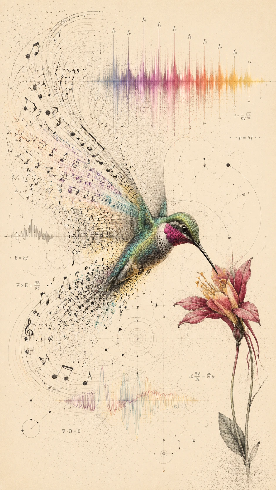Hummingbird With Wings Transforming Into Flowing Musical Symbols