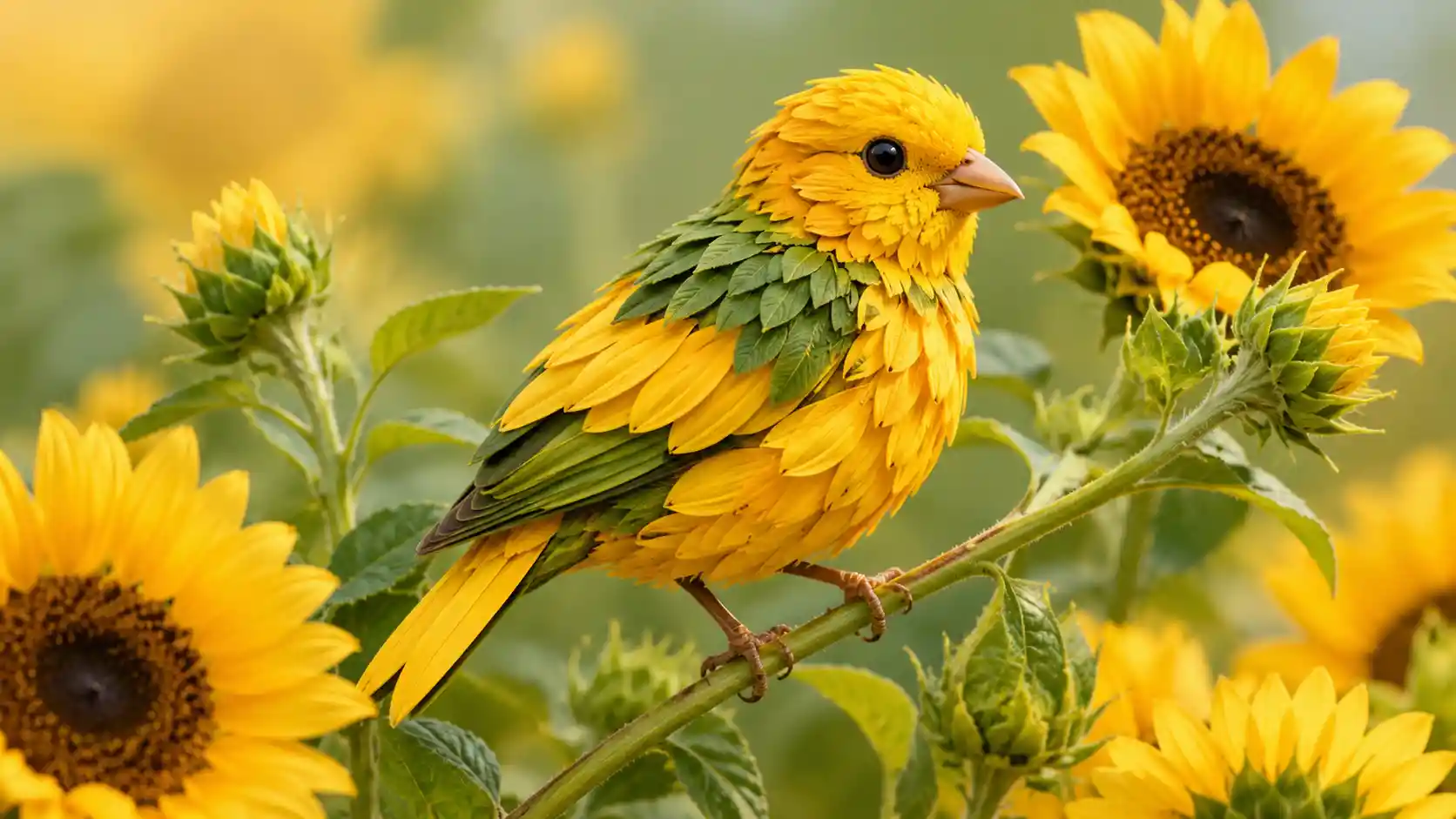 Joyful finch shaped from sunflower petals and green leaves